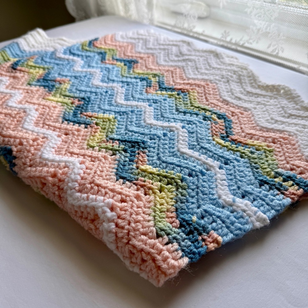 Vintage Crochet Baby Blanket Handmade Ripple Pastel Nursery‎ Throw Decor 40x30"